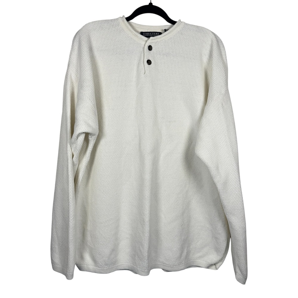 Vintage Structure Mens Waffle Knit Henley Sweater Size XL Cream 90s Dadcore